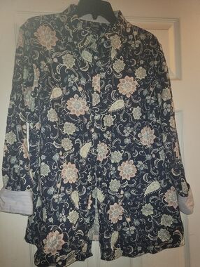 Chaps Navy Floral Button-down with Pink & Green Blooms